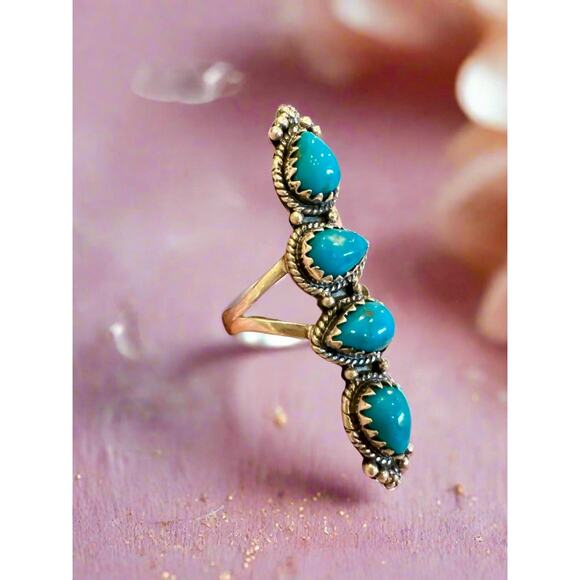 Turquoise Four Stone Long Southwestern Sterling Silver Ring Size 8 - Picture 2 of 5